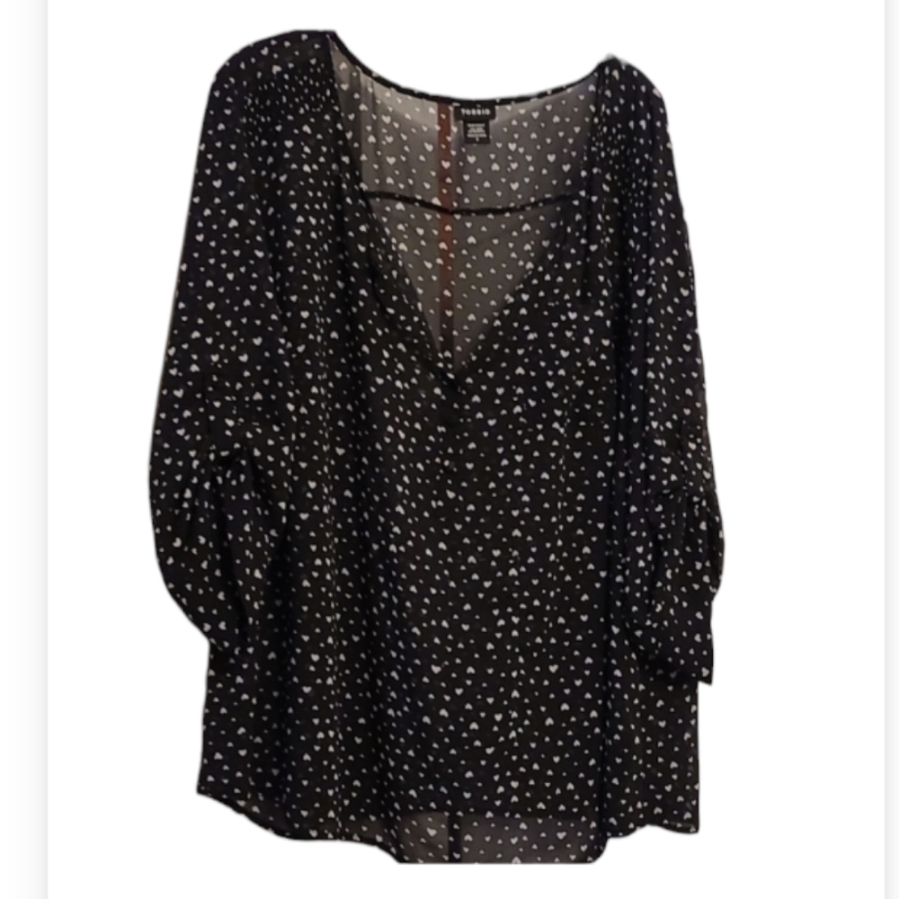 TORRID Black Sheer White Hearts Top  Blouse 1/4 Button Front, 3/4 Sleeve Size XL